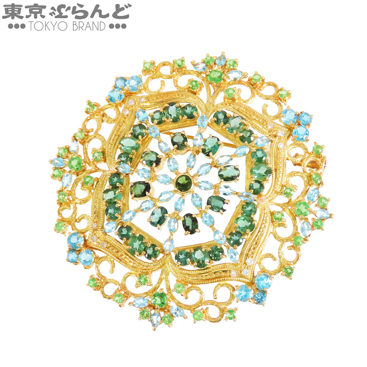 【5%クーポン♪4.14～4.27】【中古】【返品可】ラウンドミックスカット カラーストーン ブローチ レディース トルマリン ガーネット ブルートパーズ ダイヤモンド 10.57ct D0.12ct 【ソーティング付】 仕上済 [送料無料]【ポイント5倍●4.14～4.27】 101840366