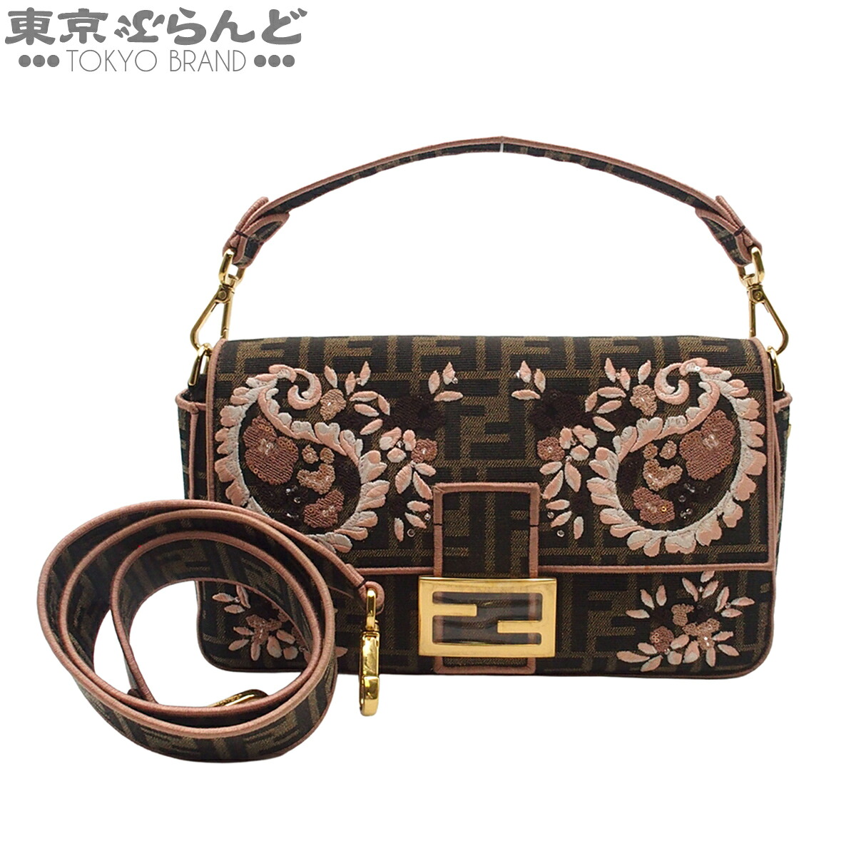 【5%クーポン♪4.14～4.27】【中古】【返品可】フェンディ FENDI マンマバケット ズッカ柄 レディース セミショルダーバッグ ハンドバッグ 2WAY キャンバス 刺繍 ラインストーン ブラウンxピンクxホワイト [送料無料]【ポイント3倍●4.14～4.27】 101845488