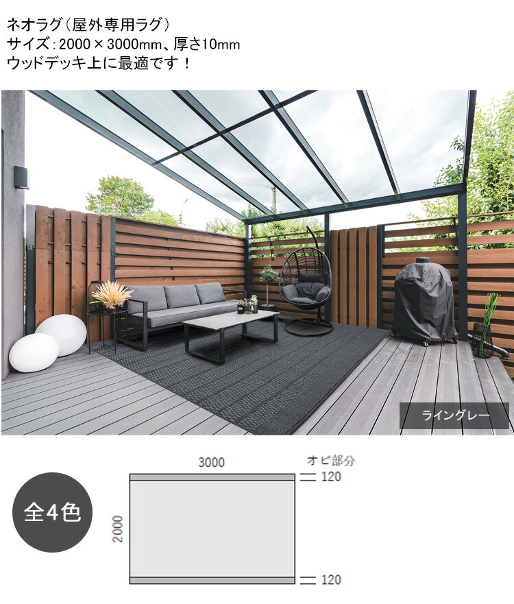 新生産品！ネオラグ（白木甲板上に至適な室外専用引っ敷き）※大きさ：2000×3000×奥ふかさ10粍【防炎出どころ ガーデンラグ ウッドデッキラグ 室外引っ敷き 防真菌 透水性 速乾燥した アウトドアリビング 熱くなる白木甲板打つ手 離宮地 高儀