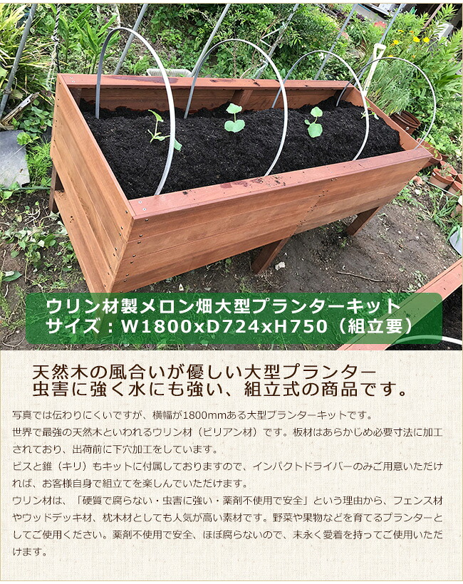 ウリン材製瓜畑大型プランターキット/大いさ：W1800xD724xH750【ウリン材のほぼ腐らない生まれながら木、幅1.8mの大型プランター】