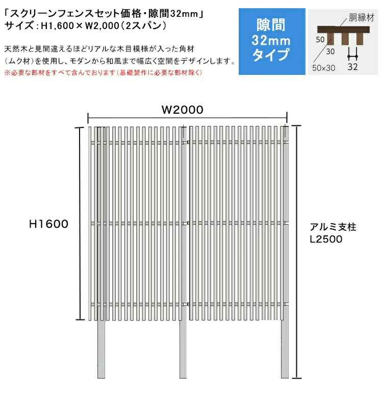 スクリーンフェンスセット価格・隙間32mmタイプ/サイズ:H1600×W2000 ※2スパン(S1/F1角材50×30・胴縁C30+C25・アルミ支柱75角・75角キャップ・必要ビス)【個性的な縦格子フェンス プライバシーフェンス 和風モダン ムク材 無垢材 ネオカットウッド 高儀】|東京ガーデニングスタイル