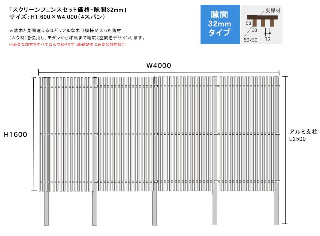 スクリーンフェンスセット価格・隙間32mmタイプ/サイズ:H1600×W4000 ※4スパン(S1/F1角材50×30・胴縁C30+C25・アルミ支柱75角・75角キャップ・必要ビス)【個性的な縦格子フェンス プライバシーフェンス 和風モダン ムク材 無垢材 ネオカットウッド 高儀】|東京ガーデニングスタイル