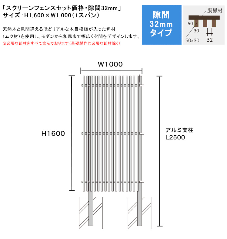 スクリーンフェンスセット価格・隙間32mmタイプ/サイズ:H1600×W1000 ※1スパン(S1/F1角材50×30・胴縁C30+C25・アルミ支柱75角・75角キャップ・必要ビス)【個性的な縦格子フェンス プライバシーフェンス 和風モダン ムク材 無垢材 ネオカットウッド 高儀】|東京ガーデニングスタイル