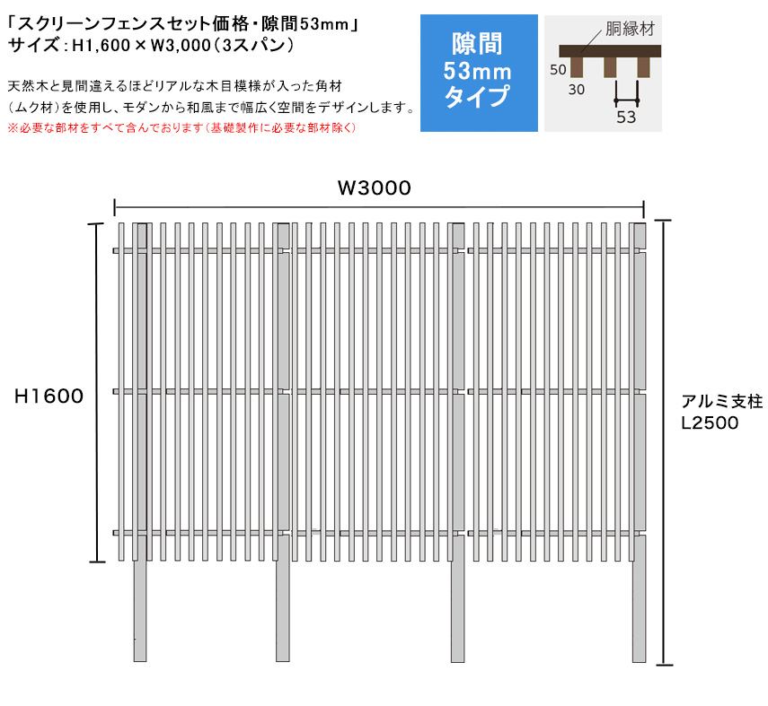 スクリーンフェンスセット価格・隙間53mmタイプ/サイズ：H1600&times;W3000 ※3スパン（S1/F1角材50&times;30・胴縁C30＋C25・アルミ支柱75角・75角キャップ・必要ビス）【個性的な縦格子フェンス プライバシーフェンス 和風モダン ムク材 無垢材 ネオカットウッド 高儀】｜東京ガーデニングスタイル 75,845円