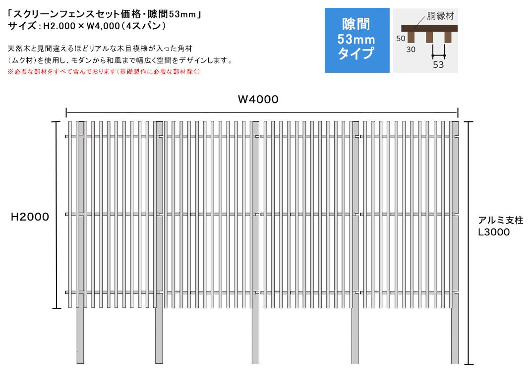 スクリーンフェンスセット価格・隙間53mmタイプ/サイズ:H2000×W4000 ※4スパン(S1/F1角材50×30・胴縁C30+C25・アルミ支柱75角・75角キャップ・必要ビス)【個性的な縦格子フェンス プライバシーフェンス 和風モダン ムク材 無垢材 ネオカットウッド 高儀】|東京ガーデニングスタイル