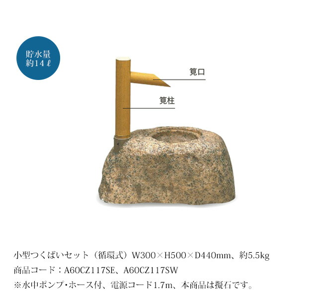小型つくばい仕掛ける（回転運動式）（擬石）/大きさ：W300×H500×D440粍、貯水量約14リッター、約5.5kg、商いもの吊りひも：A60CZ117SE（50サイクル）、A60CZ117SW（60サイクル） ※水中揚水機･導管付、ワット数吊りひも1.7m【人工庭石 擬石 擬岩 景石 和風運動場 日本運動場風個条 グローベン社】