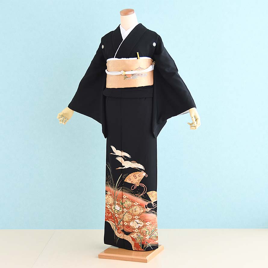【レンタル】黒留袖 レンタル 結婚式 フルセット 【TS0008】【扇・鶴】【正絹】/40代/50代/60代