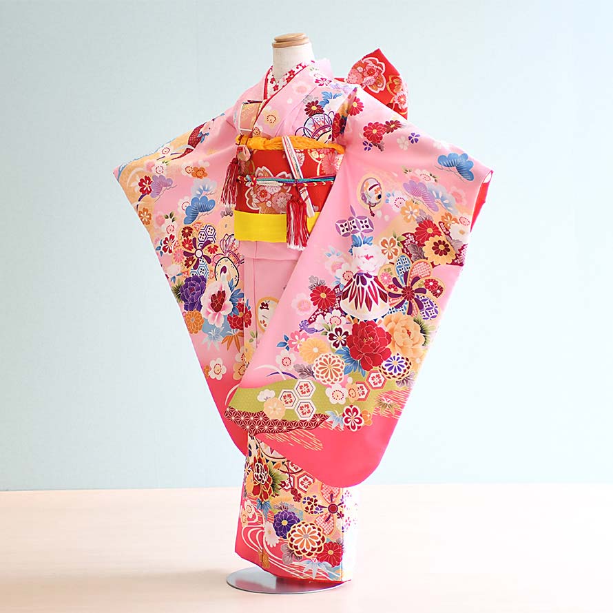 【レンタル】七五三 着物 7歳 女の子 フルセット レンタル【070100】【ピンク/まり・花】【From KYOTOフロム京都】七五三 レンタル 7歳/七歳/7才/女児/753