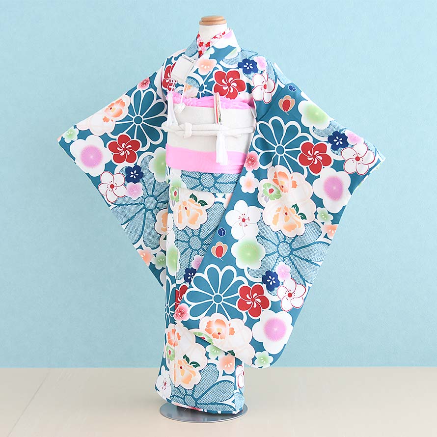 【レンタル】七五三 着物 7歳 女の子 フルセット レンタル【070118】【くすみグリーン/梅】七五三 レンタル 7歳/七歳/7才/女児/753|東京レンタルいしょう 店