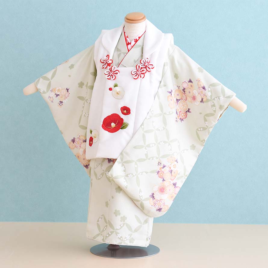 【レンタル】七五三 着物 3歳 女の子 フルセット レンタル【030160】【うす緑・白/花・つばき】七五三 レンタル 3歳/三歳/3才/女児/753