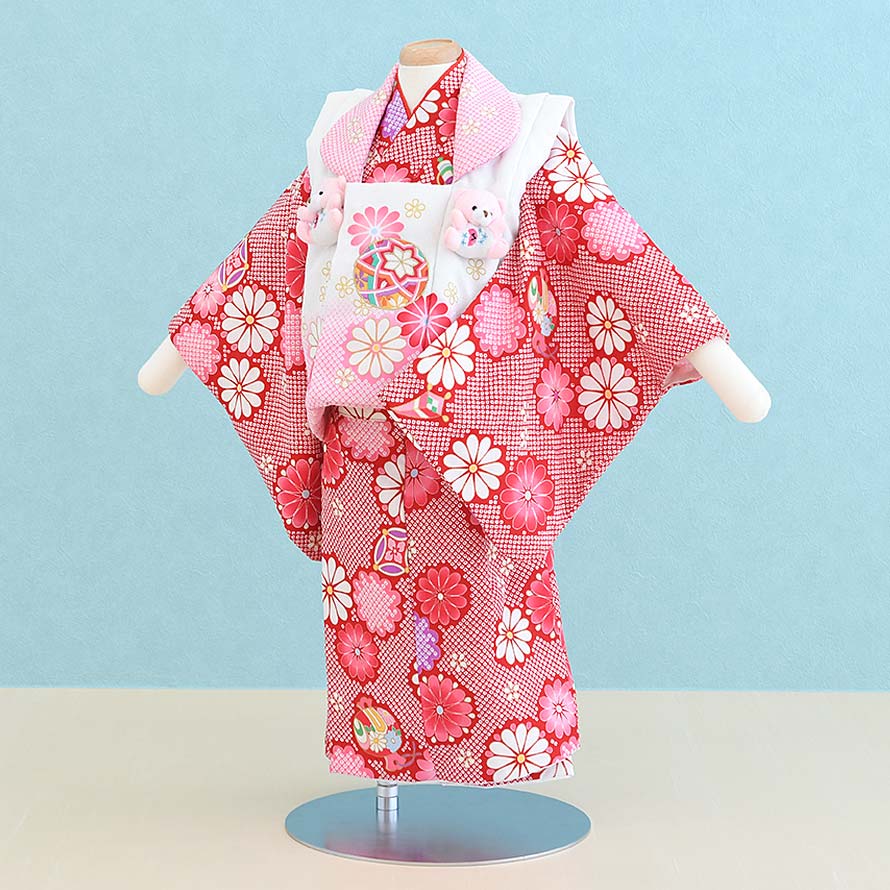 【レンタル】ベビー 着物 レンタル 女の子【1G0003】【1歳～1歳6ヶ月】【赤・白/花|被布】お食い初め/初節句/桃の節句/百日祝い/100日祝い/1歳/1才/衣装 レンタル