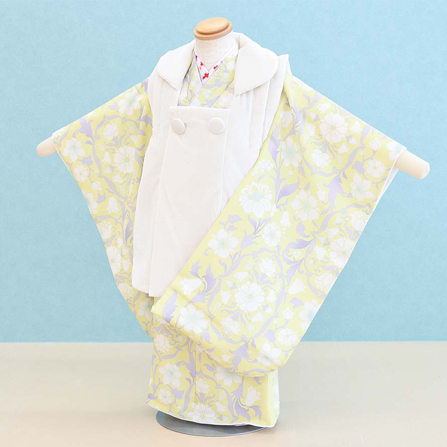 【レンタル】七五三 着物 3歳 女の子 フルセット レンタル【030178】【うす黄色・オフホワイト/花】七五三 レンタル 3歳/三歳/3才/女児/753