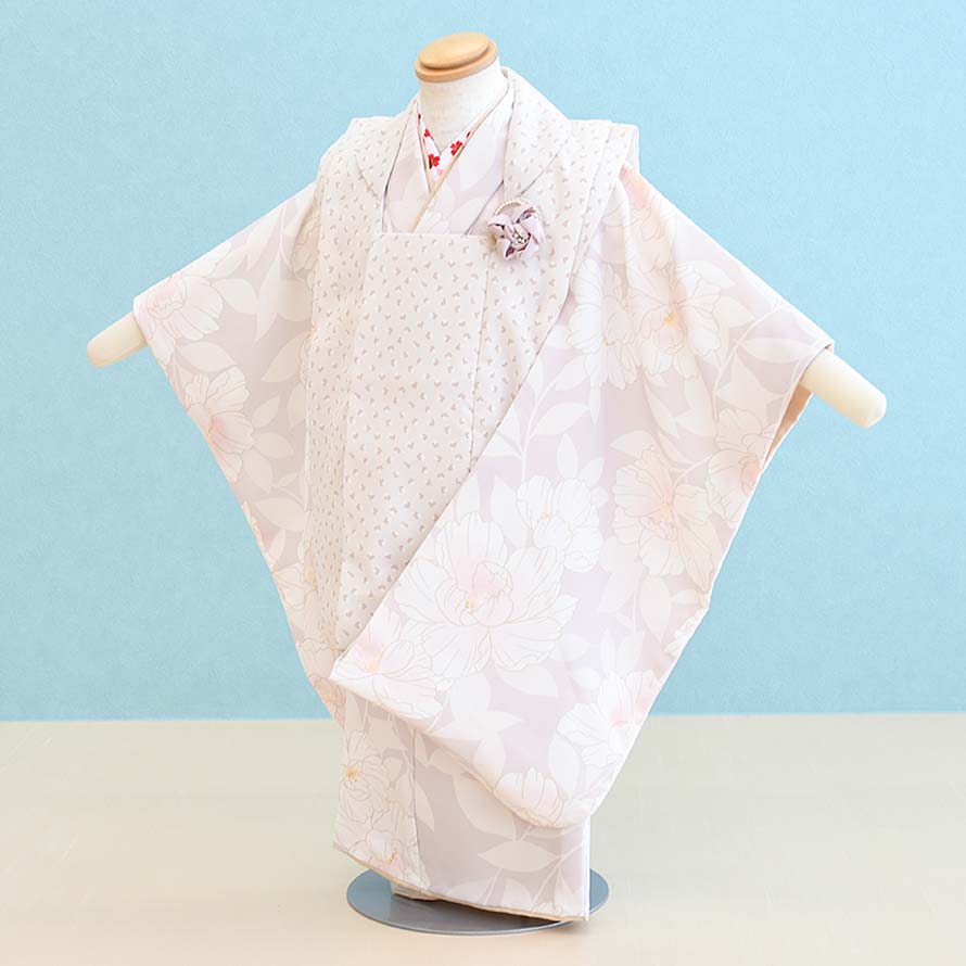 【レンタル】七五三 着物 3歳 女の子 フルセット レンタル【030184】【くすみうすピンク・ベージュ/花】七五三 レンタル 3歳/三歳/3才/女児/753