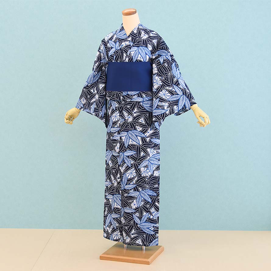 【レンタル】浴衣レンタル ゆかた レディース 女性【YW0044】【紺/笹の葉】【つやび×雅姫】30代/40代/50代/60代