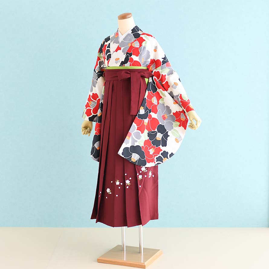 【レンタル】卒業式 袴 レンタル セット 女【SF0037】【白・赤・グレー・黒/牡丹|エンジ/刺繍・桜】