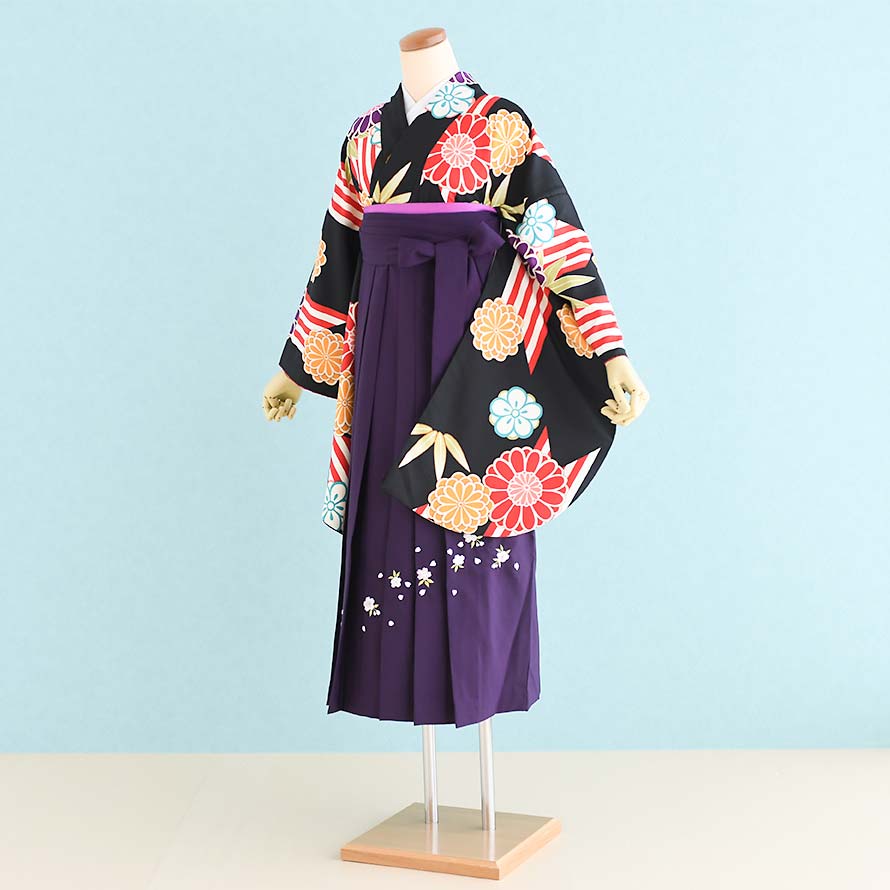 【レンタル】卒業式 袴 レンタル セット 女【SF0039】【黒/矢羽・花柄|紫/刺繍・桜】