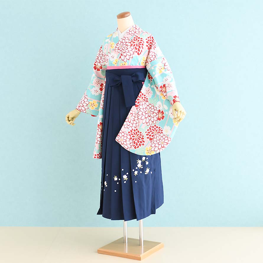 【レンタル】卒業式 袴 レンタル セット 女【SF0034】【水色/花|紺・刺繍・花】【撫子】｜東京レンタルいしょう　店