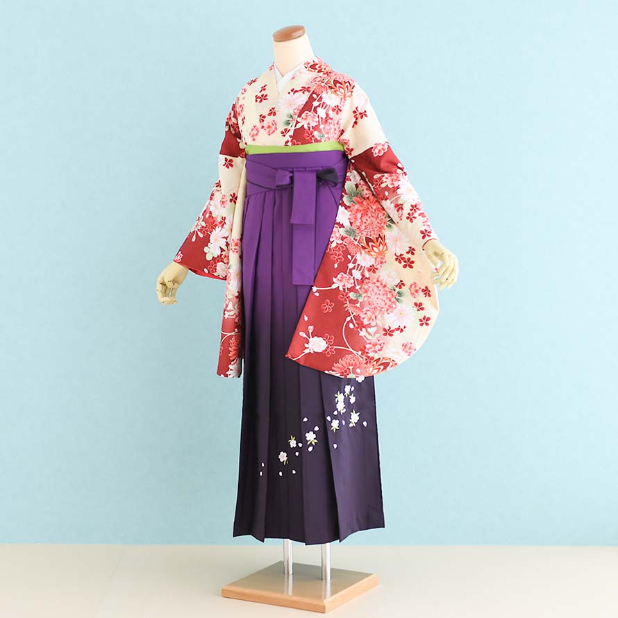 【レンタル】卒業式 袴 レンタル セット 女【SF0026】【ベージュ×エンジ/菊|紫/ぼかし・刺繍・桜】