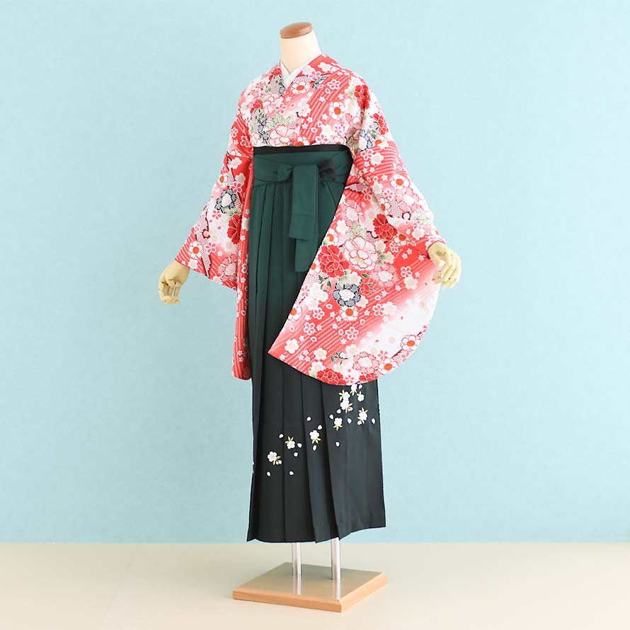 【レンタル】卒業式 袴 レンタル セット 女【SF0028】【朱&times;白/ぼたん・桜|緑/ぼかし・刺繍・桜】｜東京レンタルいしょう　店