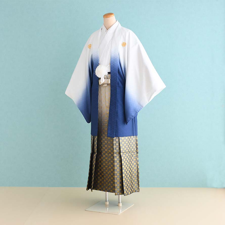 【レンタル】男性用 袴 レンタル 成人式 セット【DH0082】【白・青/ぼかし|白・金/ぼかし・格子】羽織袴/紋付袴/メンズ袴|東京レンタルいしょう 店