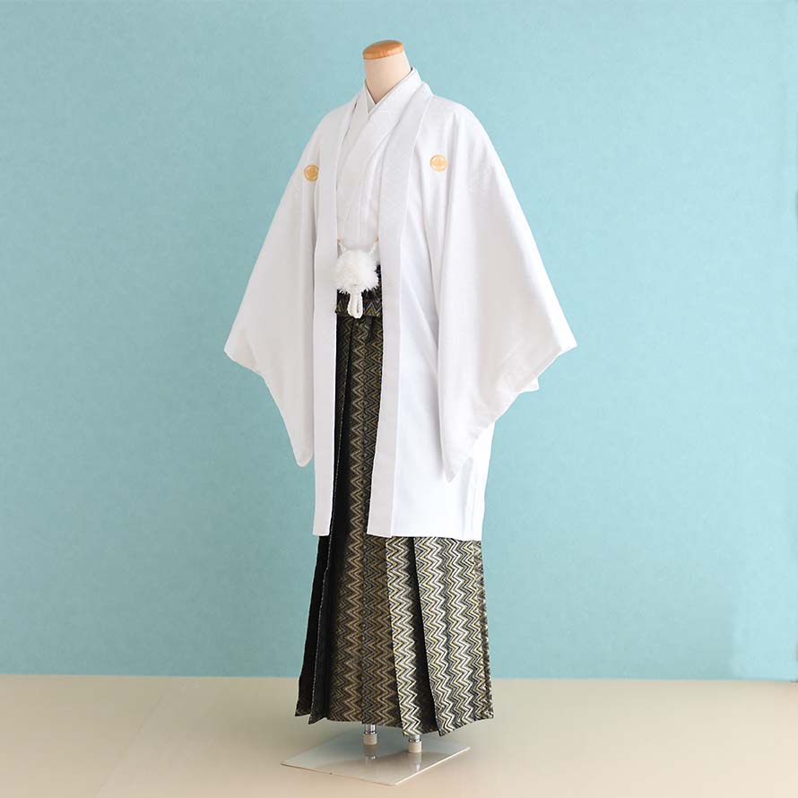 【レンタル】男性用 袴 レンタル 卒業式 結婚式 セット【DH0085】【白|金・黒/幾何学模様】羽織袴/紋付袴/メンズ袴