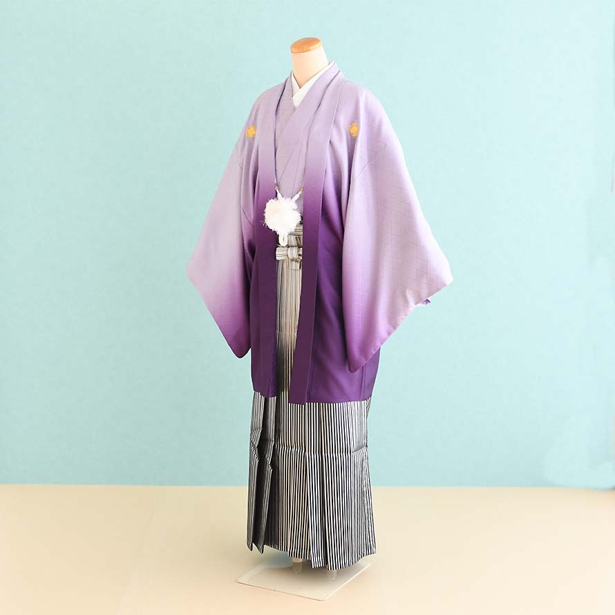 【レンタル】男性用 袴 レンタル 卒業式 結婚式 セット【DH0008】【紫/ぼかし|シルバー・黒/ぼかし・縞】羽織袴/紋付袴/メンズ袴