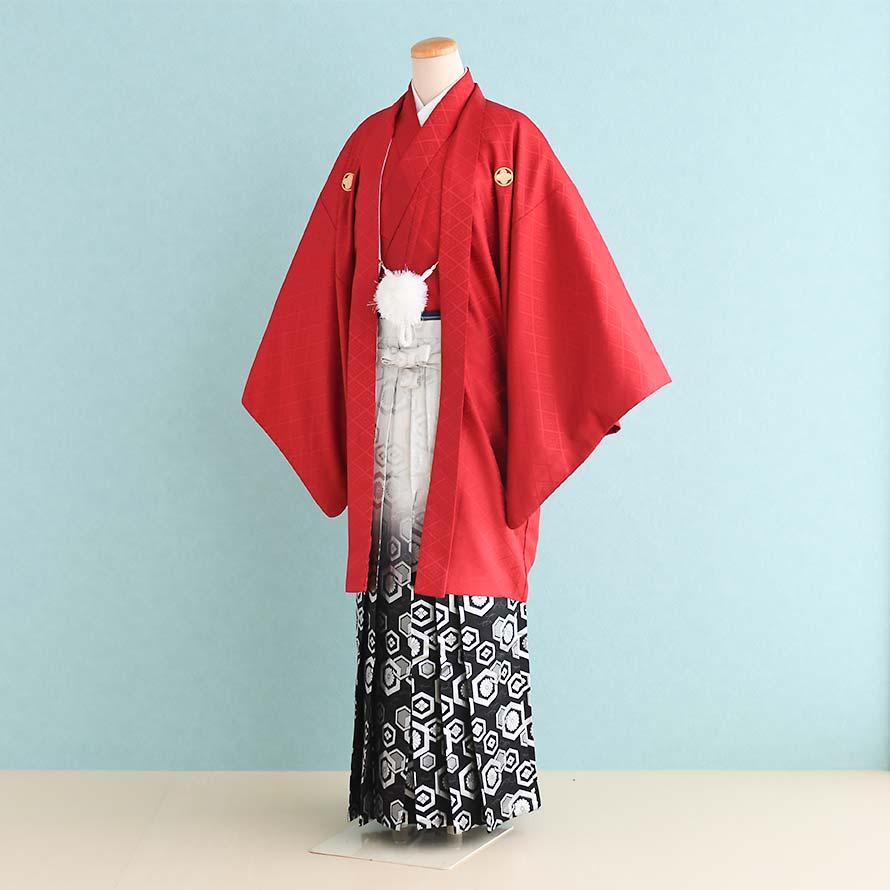 【レンタル】男性用 袴 レンタル 卒業式 結婚式 セット【DH0058】【赤|白銀/亀甲ぼかし】羽織袴/紋付袴/メンズ袴