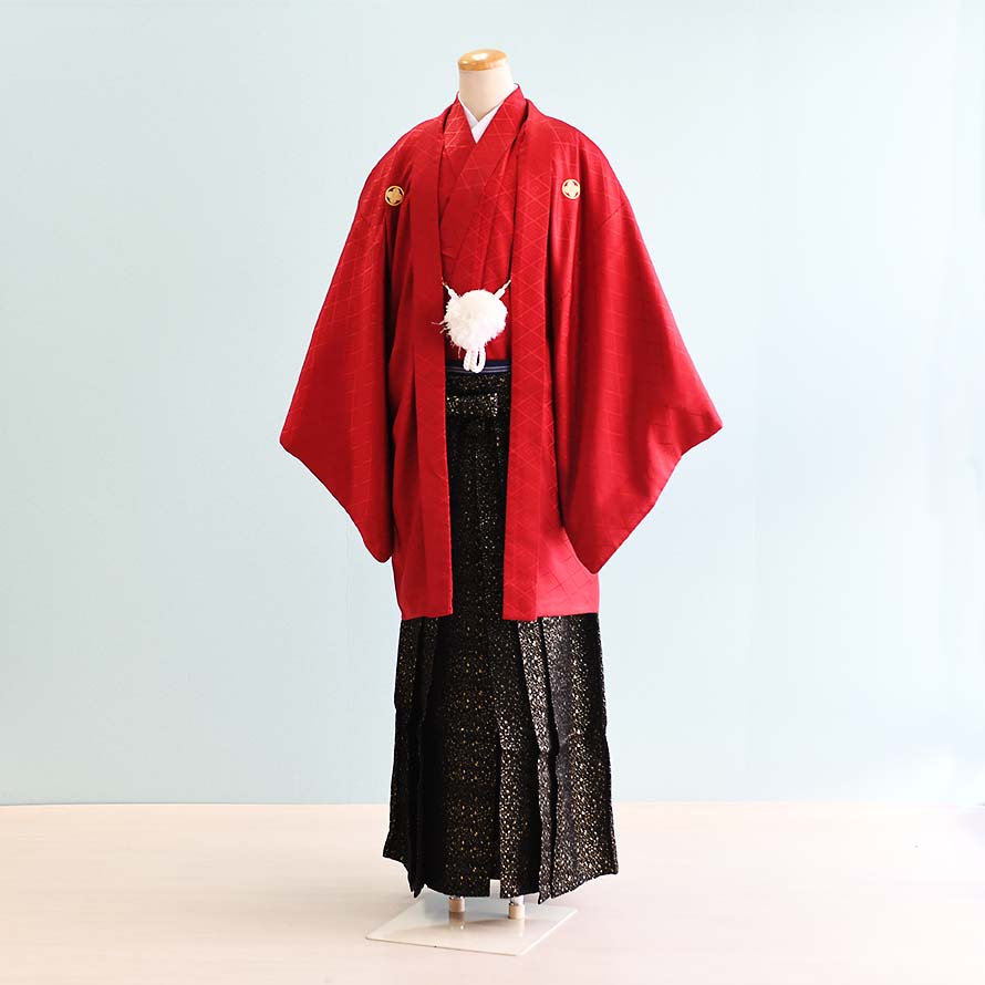 【レンタル】男性用 袴 レンタル 卒業式 結婚式 セット【DH0029】【赤|黒・金/たたき柄】羽織袴/紋付袴/メンズ袴