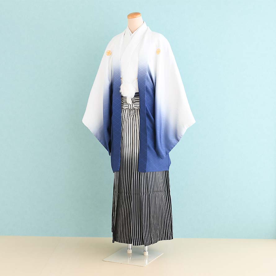 【レンタル】男性用 袴 レンタル 成人式 セット【DH0074】【白・青/ぼかし|白・黒/ぼかし・縞】羽織袴/紋付袴/メンズ袴｜東京レンタルいしょう　店