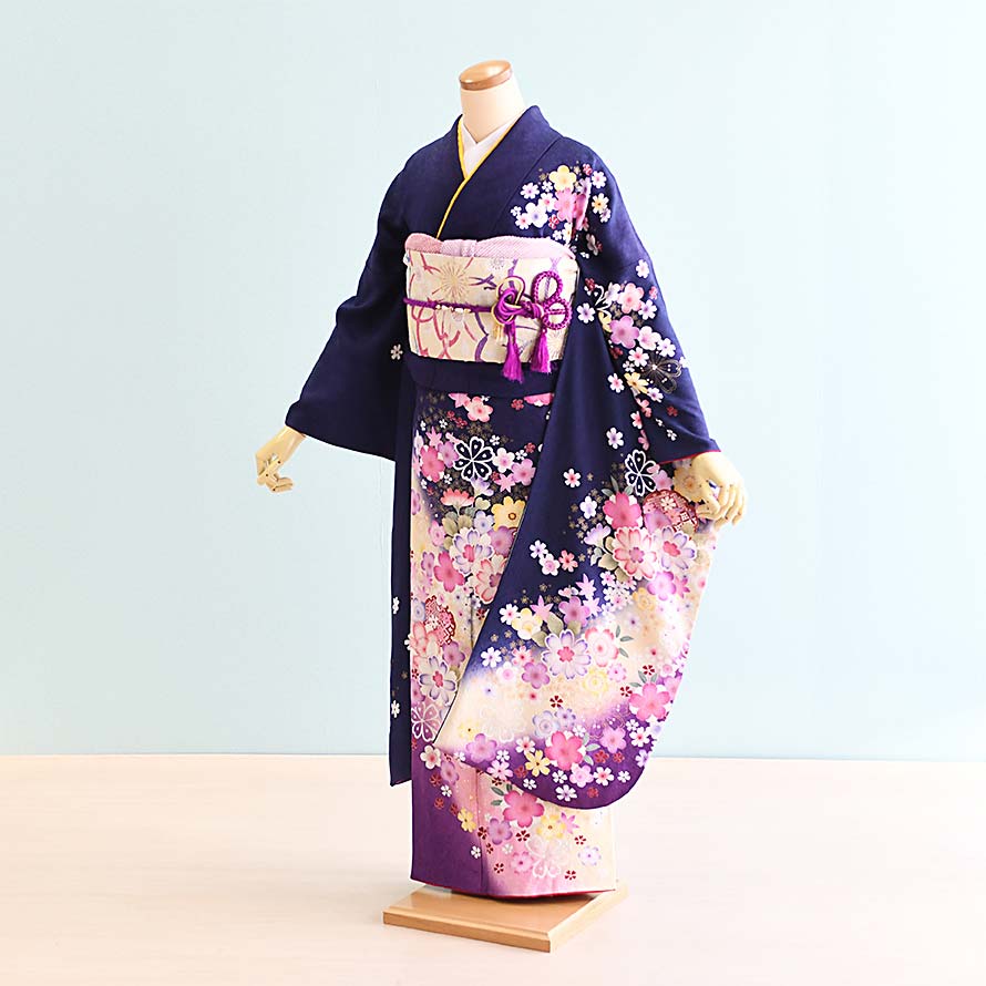 【レンタル】振袖レンタル 成人式 フルセット【FS0092】【紺/花柄・花】