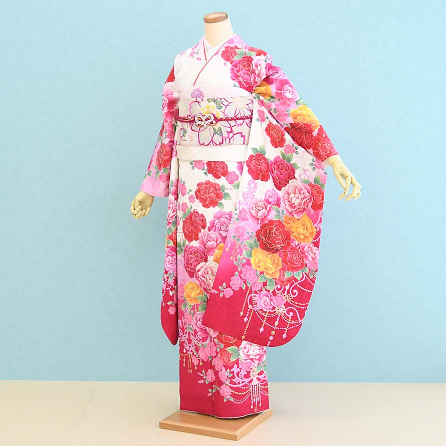 【レンタル】振袖レンタル 成人式 フルセット【FS0229】【白/花柄・薔薇】