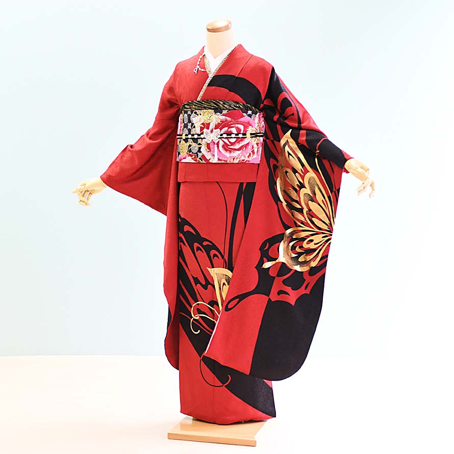 【レンタル】振袖レンタル 結婚式 結納 フルセット【FS0335】【赤×黒/蝶】