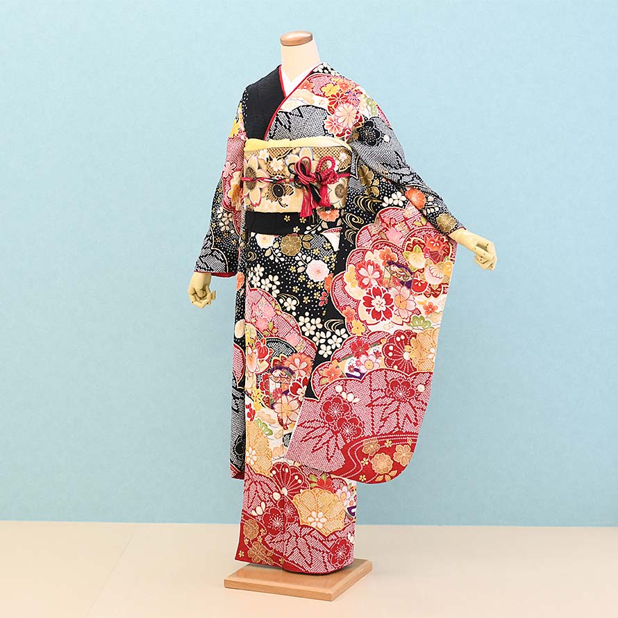 【レンタル】振袖レンタル 成人式 フルセット【FS0354】【黒×白/絞り・花】