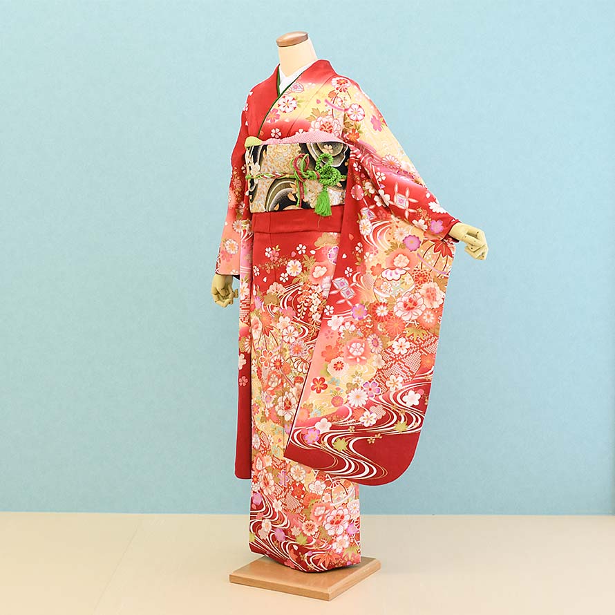 【レンタル】振袖レンタル 成人式 フルセット【FS0360】【朱×黄/花】|東京レンタルいしょう 店