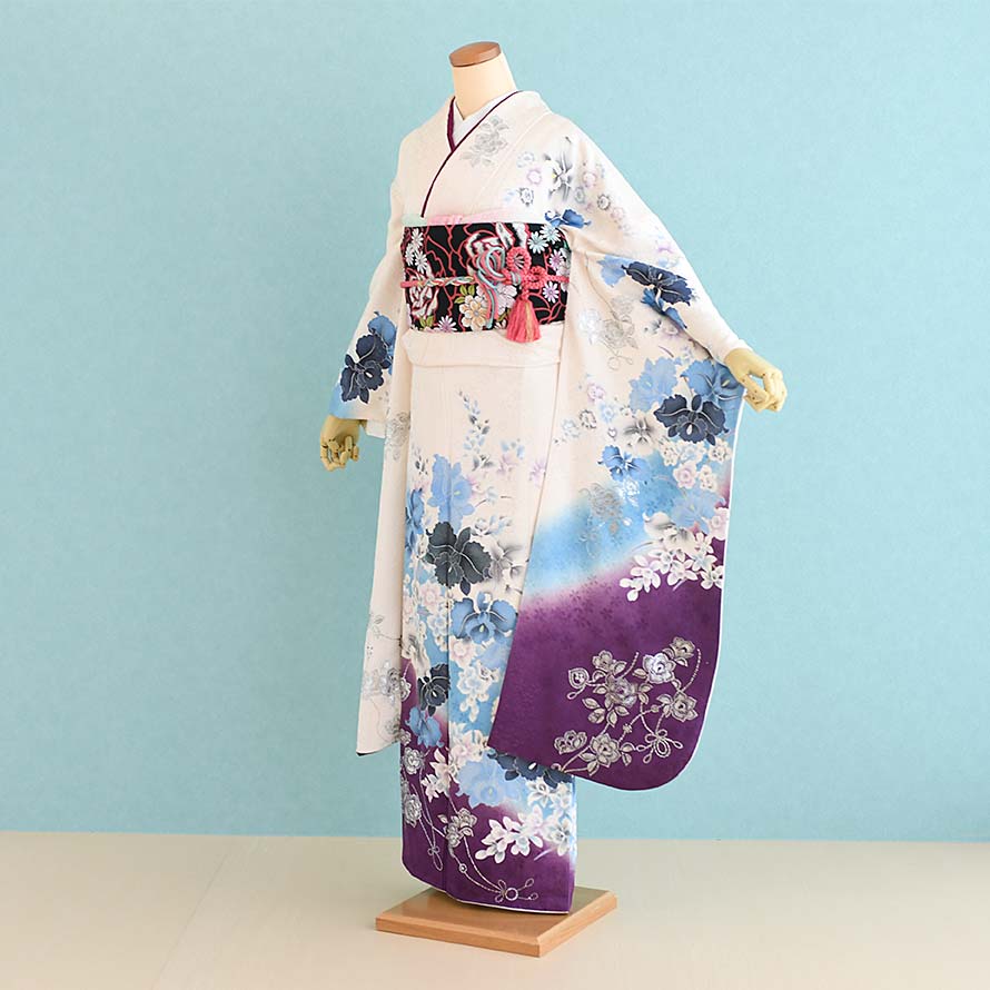 【レンタル】振袖レンタル 成人式 フルセット【FS0370】【白×水色/バラ】