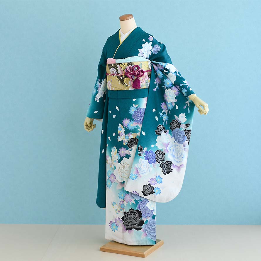 【レンタル】振袖レンタル 結婚式 結納 フルセット【FS0372】【緑/バラ】