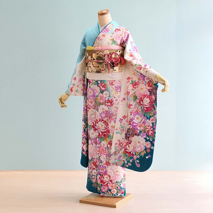 【レンタル】振袖レンタル 成人式 フルセット【FS0374】【白&times;水色&times;緑/花】｜東京レンタルいしょう　店