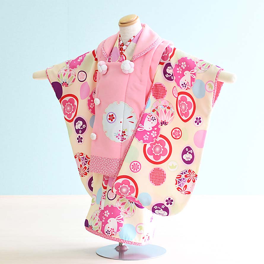 【レンタル】七五三 着物 3歳 女の子 フルセット レンタル【030038】【薄クリーム×ピンク/花】【乙葉】七五三 レンタル 3歳/三歳/3才/女児/753