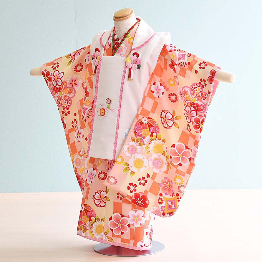 【レンタル】七五三 着物 3歳 女の子 フルセット レンタル【030046】【クリーム・白/花・市松】【式部浪漫】七五三 レンタル 3歳/三歳/3才/女児/753 9,800円
