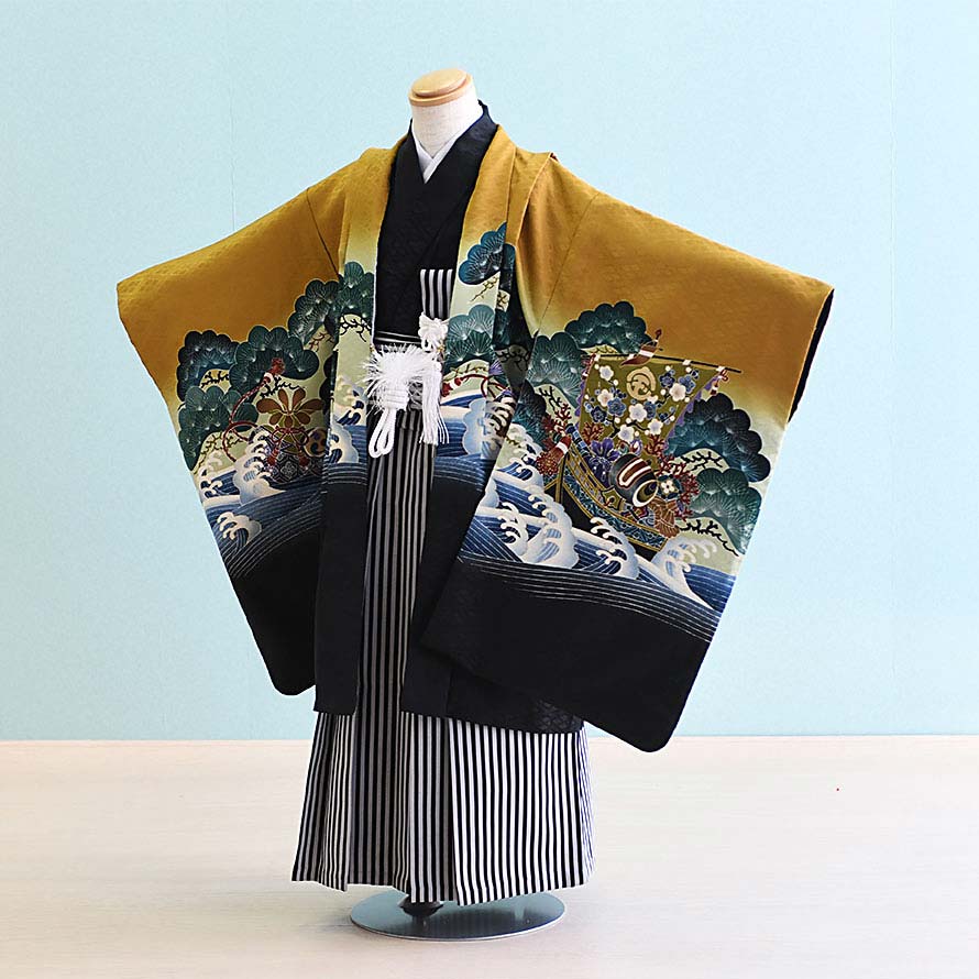 【レンタル】七五三 着物 5歳 男の子 フルセット レンタル【050028】【カラシ×黒/船】七五三 レンタル 5歳/五歳/5才/男児/753