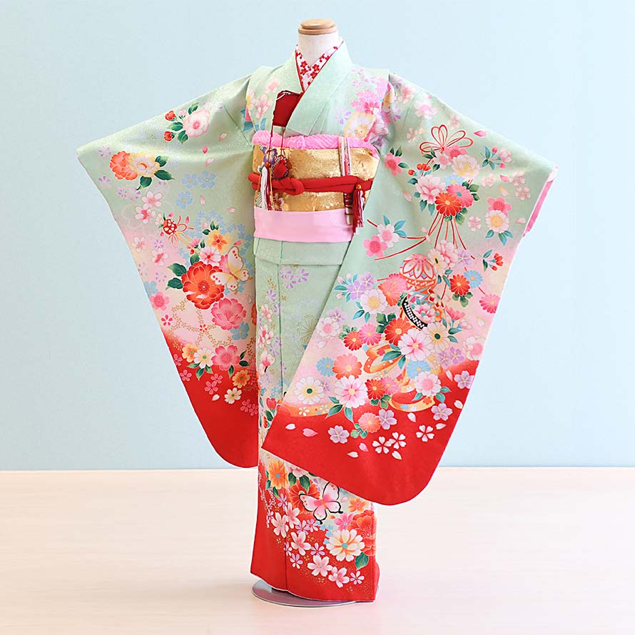 【レンタル】七五三 着物 7歳 女の子 フルセット レンタル【070014】【うす緑/蝶・鞠・花】七五三 レンタル 7歳/七歳/7才/女児/753｜東京レンタルいしょう　店