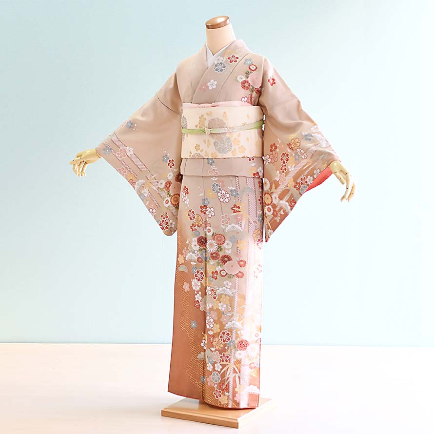 【レンタル】訪問着 レンタル フルセット 【HM0021】【ベージュ&times;オレンジ/花柄】【HL（アッシュエル）】着物 レンタル 訪問着/結婚式/結納/入学式/卒業式/入園式/卒園式/お宮参り/七五三/母/ママ｜東京レンタルいしょう　店