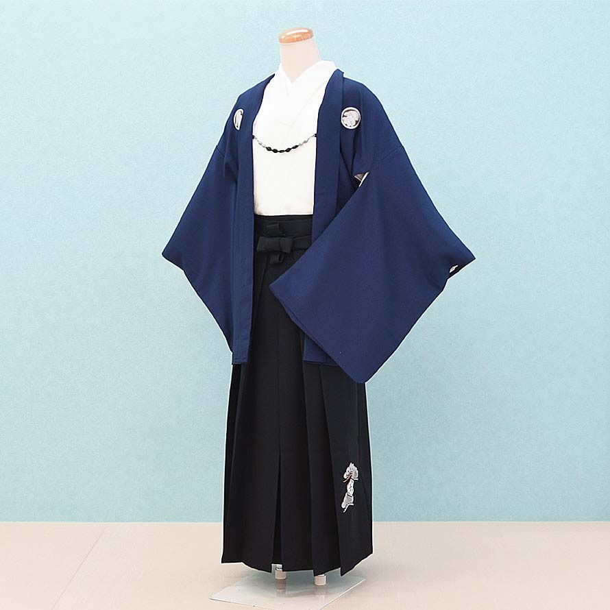 【レンタル】小学生 袴 レンタル 男の子【JB0043】【青・オフホワイト/無地|黒/刺繍】【小町kids】【12歳～13歳】卒業式/ジュニア袴/紋付袴/羽織袴/十三参り