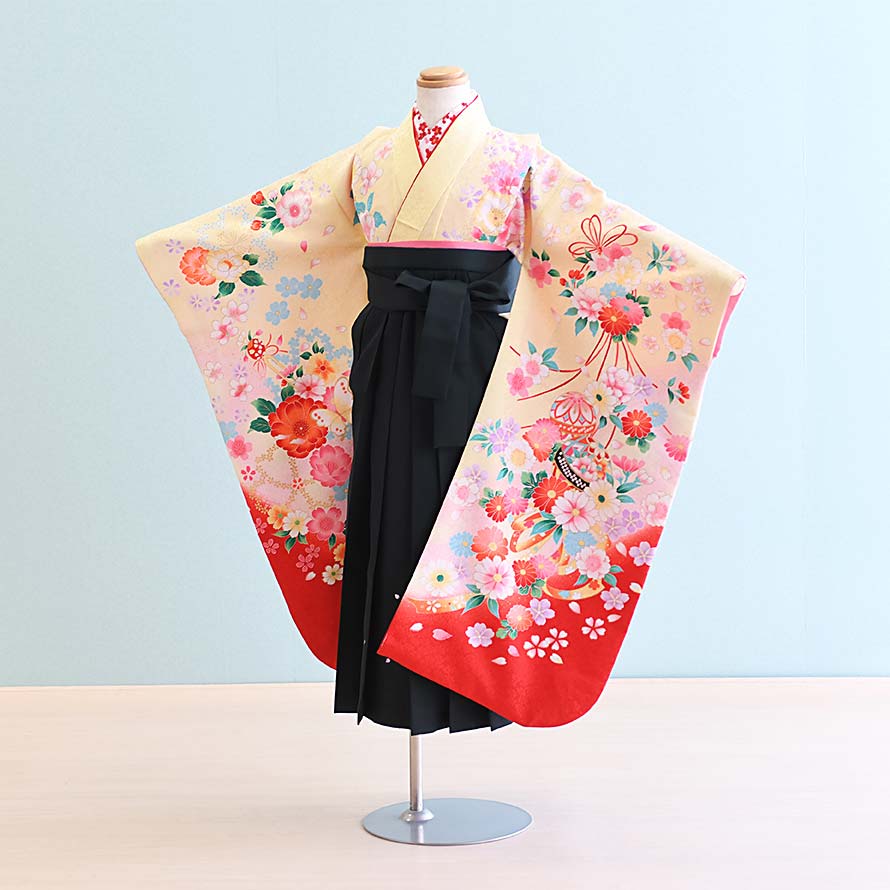 【レンタル】卒園式 袴 レンタル 女の子【7H0013】【クリーム/花・蝶｜緑/刺繍・桜】【6～7歳】七五三 袴 レンタル 女の子/女児袴