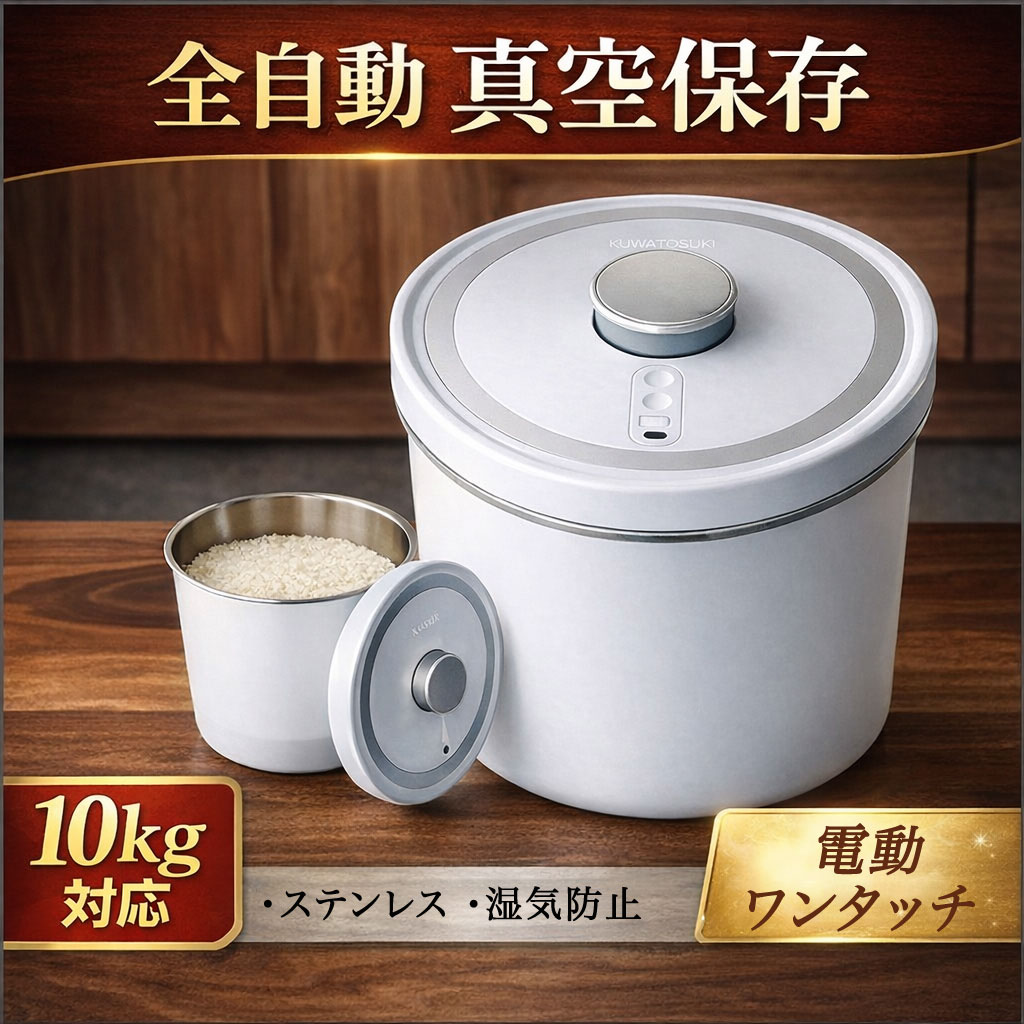 【予約販売　2026年8月上旬発送予定】全自動真空保存容器 米びつ 10kg ステンレス KUWATOSUKI クワトスキ AUTO FRESH KEEPER 食材ストッカー 真空保存 大容量 軽量 コードレス 密閉 お米 ドッグフード 乾物・スパイス 湿気防止 酸化防止 防虫 電動 ペットフードストッカー｜ＴＯＫＹＯ　ＢＥＥＴＬＥ
