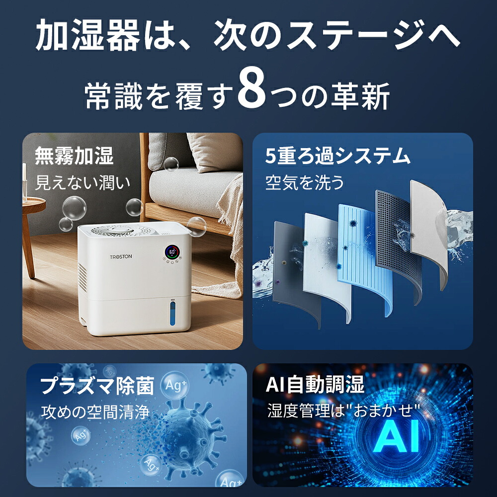 新品⭐気化式加湿器 4重除菌 大容量 AI自動制御 プラズマ搭載 5段階調整 クーポンで11,800円／【新発売】4重除菌 加湿器 5L 大容量 5段階調整