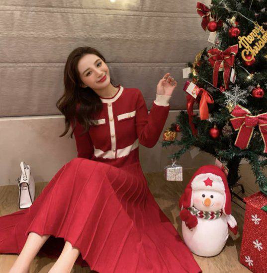 レディース ロング 大きいサイズ 秋冬 ニットワンピース プリーツスカート クリスマスデート フォーマル カ