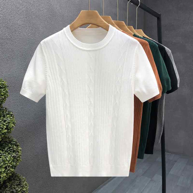 ファッション 服 男性用 シンプル かっこいい 大人 春コーデ ケーブル ニット 薄手 半袖 セーター ラウンドネック ホ