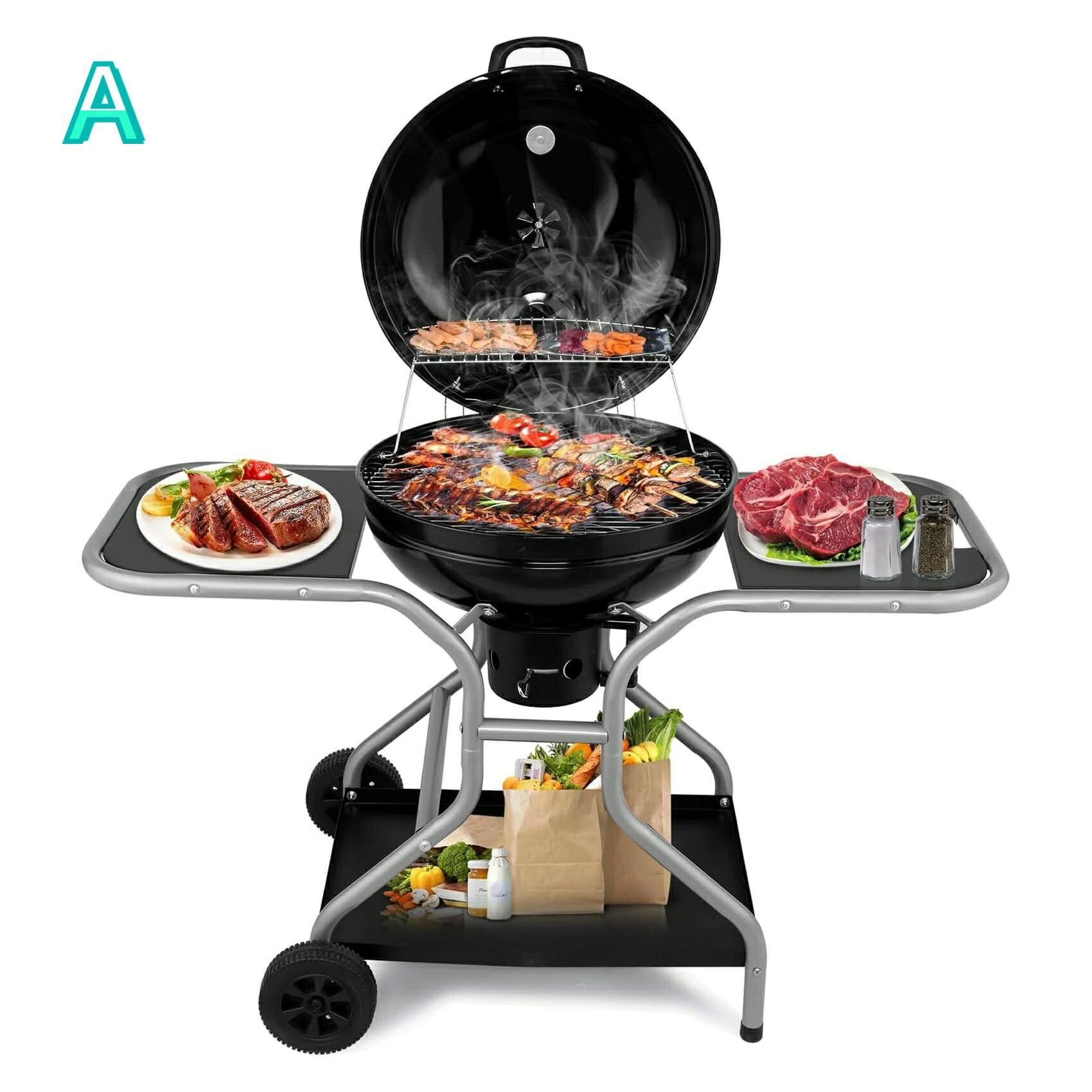 大型 丸型 bbqグリル 直径55cm 8-10人用 炭コンロ 温度計 キャスター 蓋 取り外し可能な灰皿 ステンレス製 蒸し焼き/燻製|東京ECストア