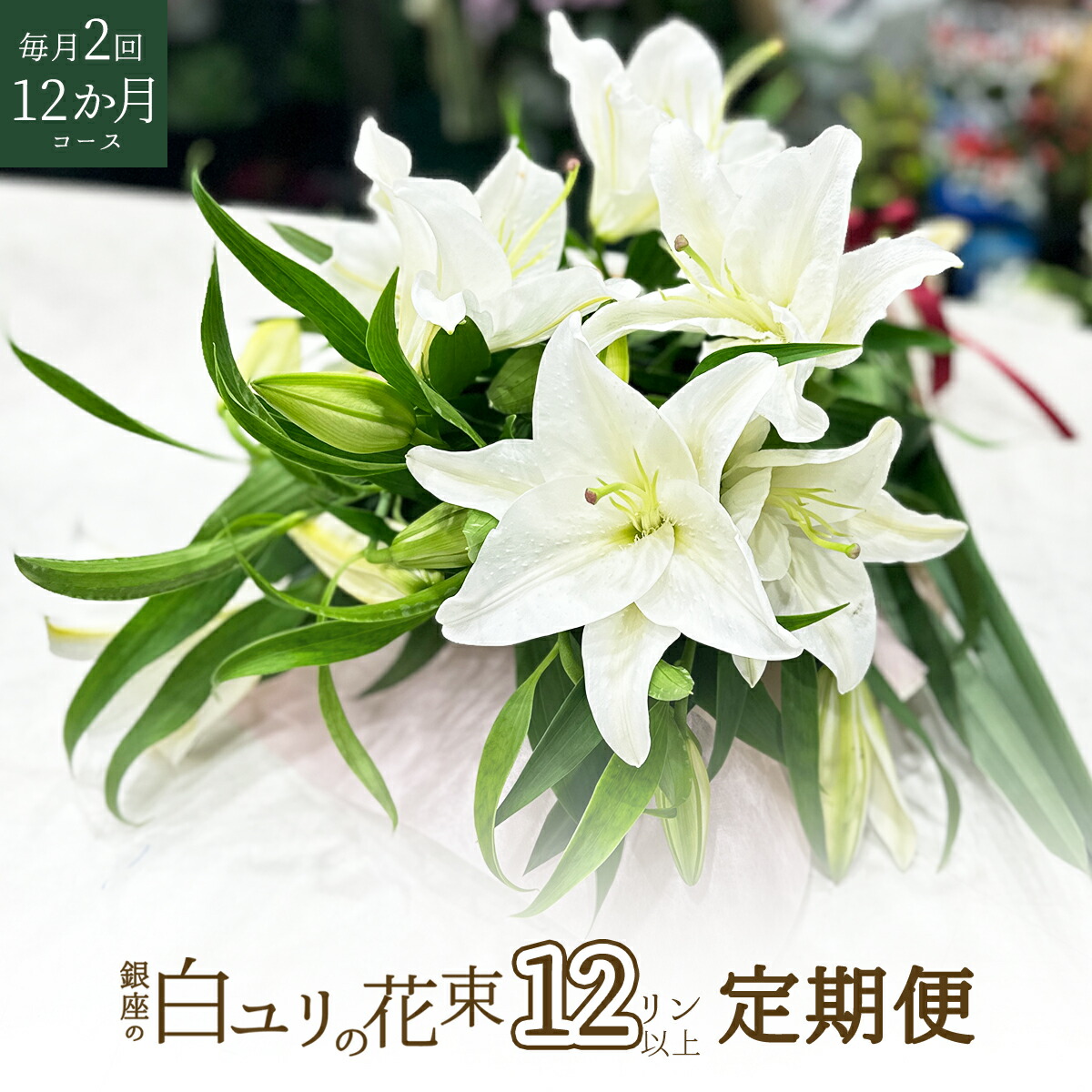 銀座の白ユリ 3本 12輪以上 定期便 毎月2回 12か月コース ギフト クリスマス 花 2024 贈り物 プレゼント お祝い お盆 お供え ユリ 花束：花とギフト銀座東京フラワー